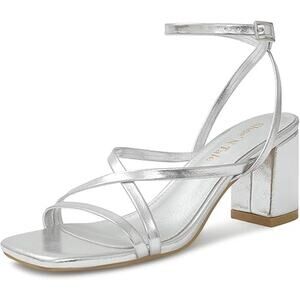Shoe'N Tale Womens 10 Silver Strappy 3" Block Heel Open Toe Ankle Strap Shoes